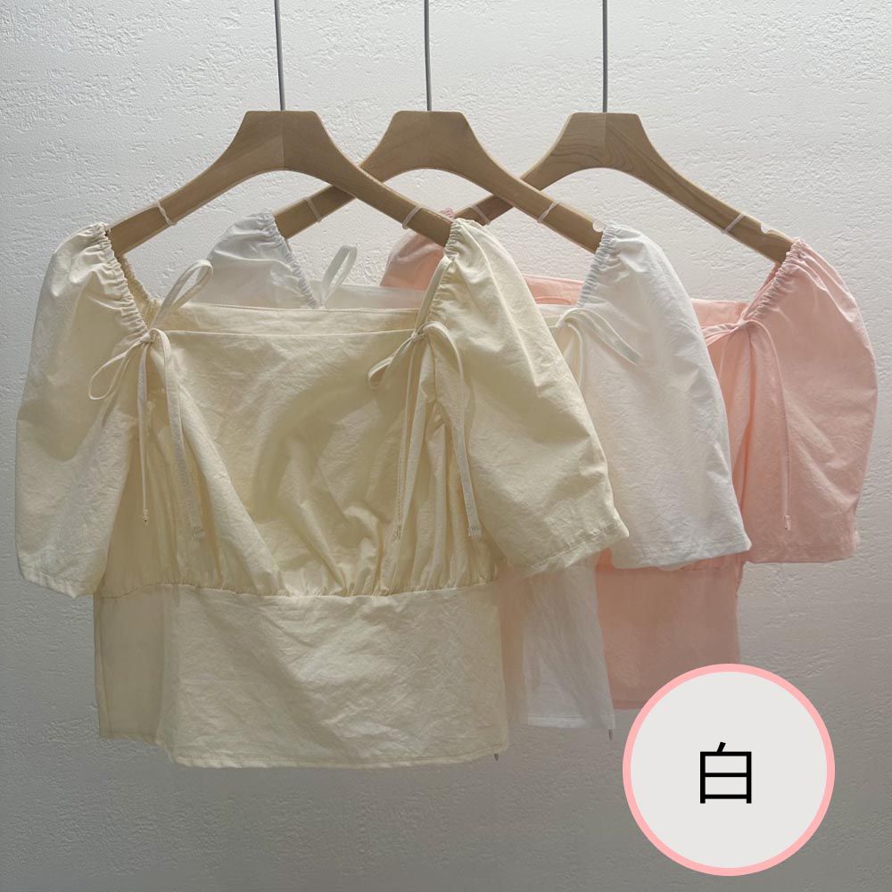 韓國女裝連線 - 甜心方領綁結公主袖襯衫-白 (FREE)