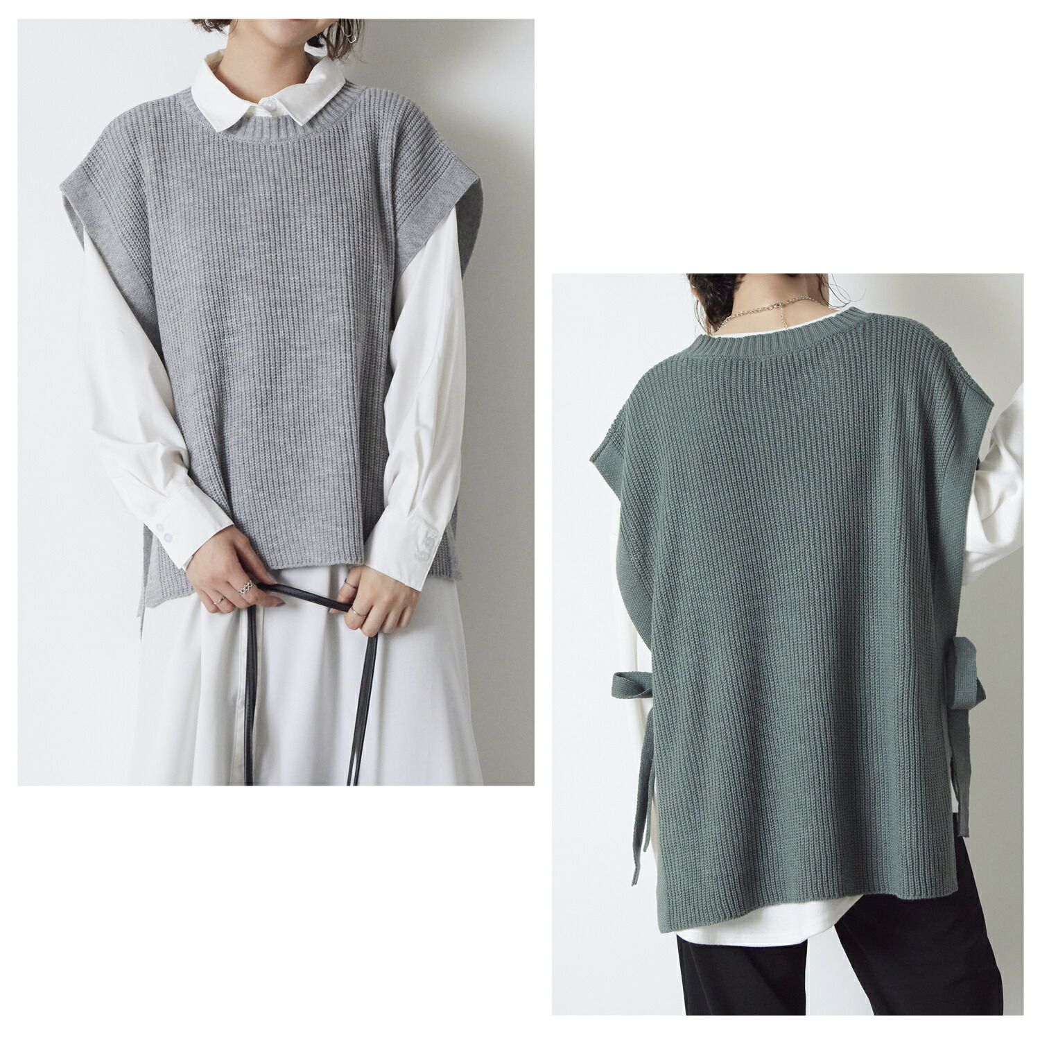 日本 Rejoule - 前短後長修身綁帶針織背心-圓領-紫 (M(Free size))