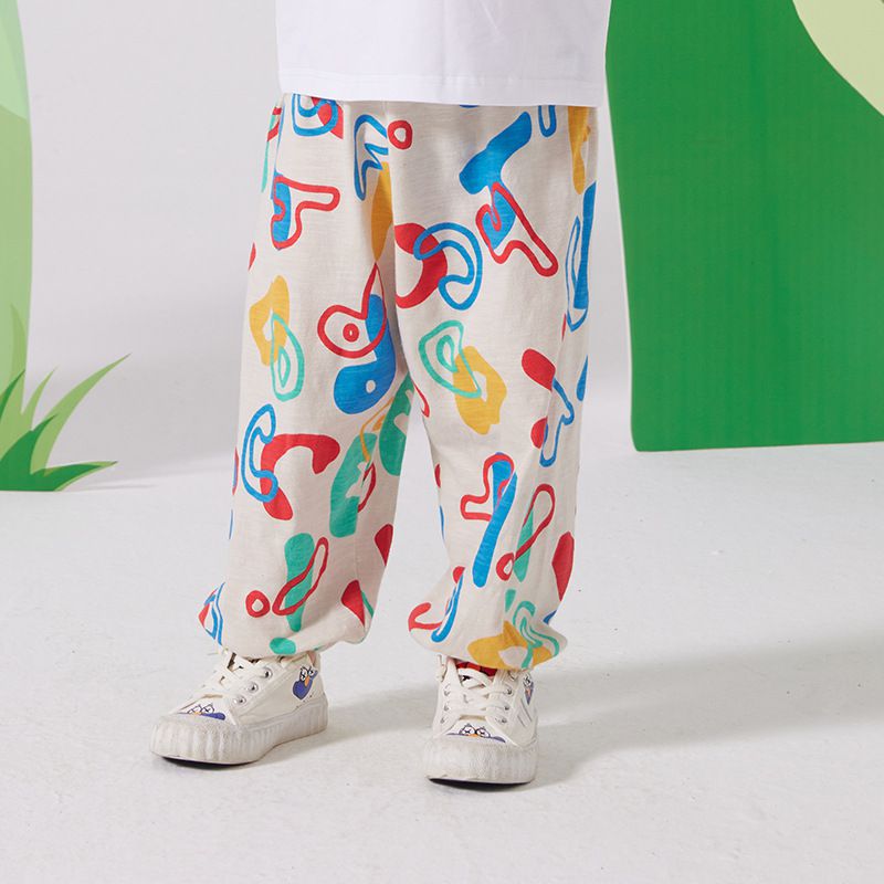 竹節棉束口長褲/防蚊褲-滿版繽紛英文字母-杏色