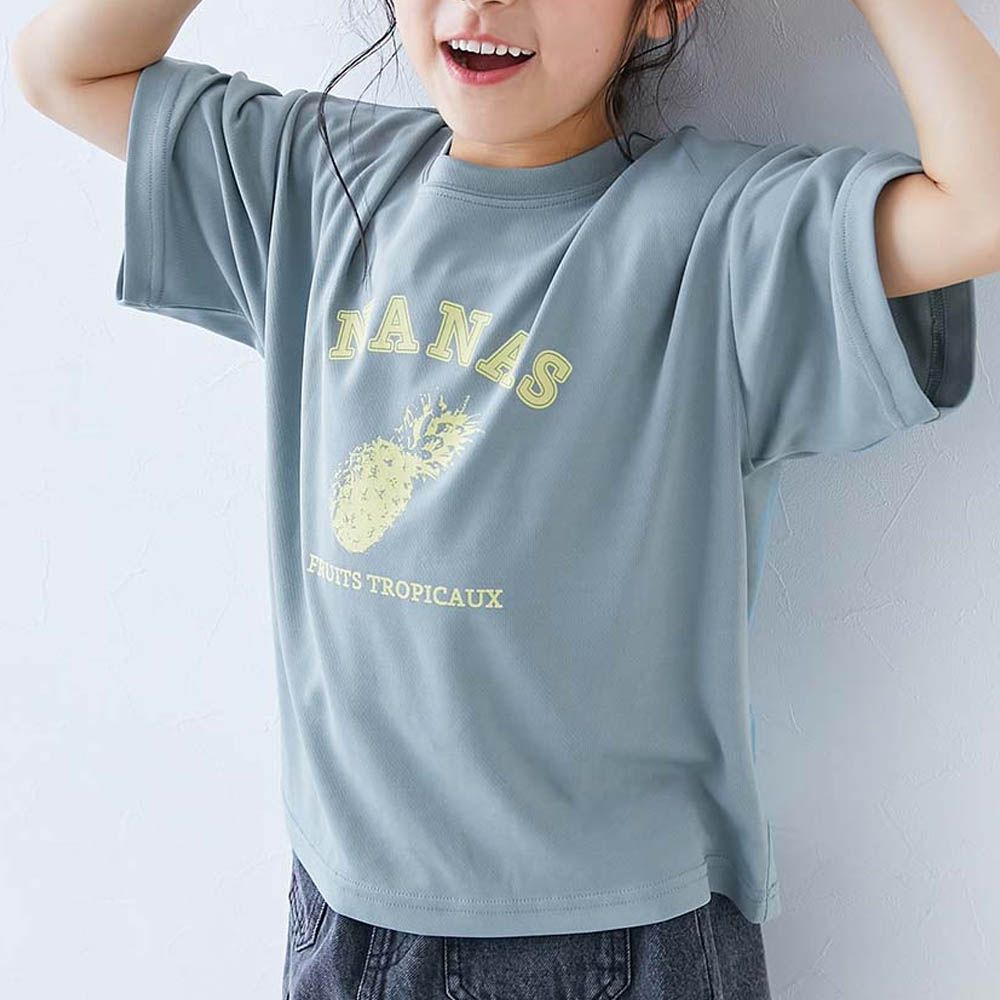 速乾網眼 女孩印花短袖上衣-鳳梨logo-煙燻藍