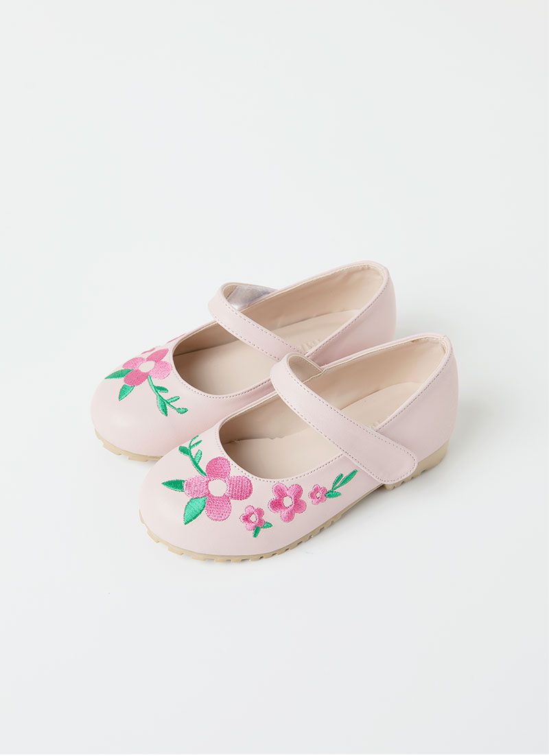 韓國 OZKIZ - 桃粉花刺繡點綴皮鞋-淺粉