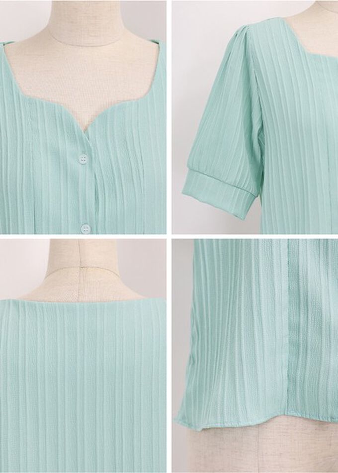 日本 BLUE EAST - 韓國製 心型領細緻泡泡短袖襯衫-黑