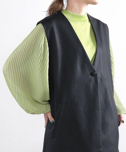 日本 Bou Jeloud - 異材質拼接百摺長袖上衣-萊姆黃