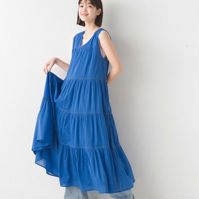 日本 OMNES - 100%印度棉 巴里紗分層V領無袖洋裝-咖啡