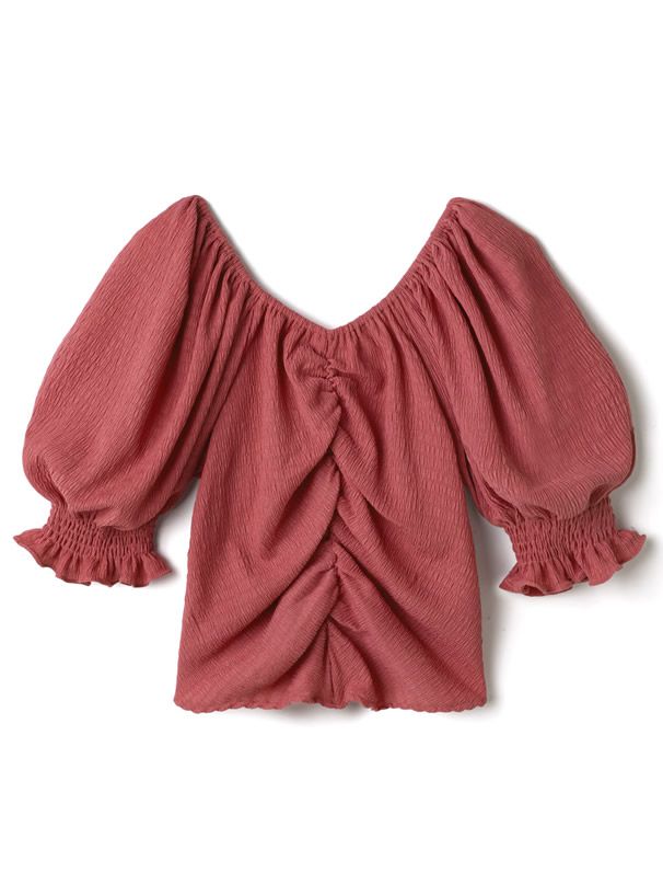 日本 GRL - V領抓皺澎澎短袖抽繩上衣-罌粟粉