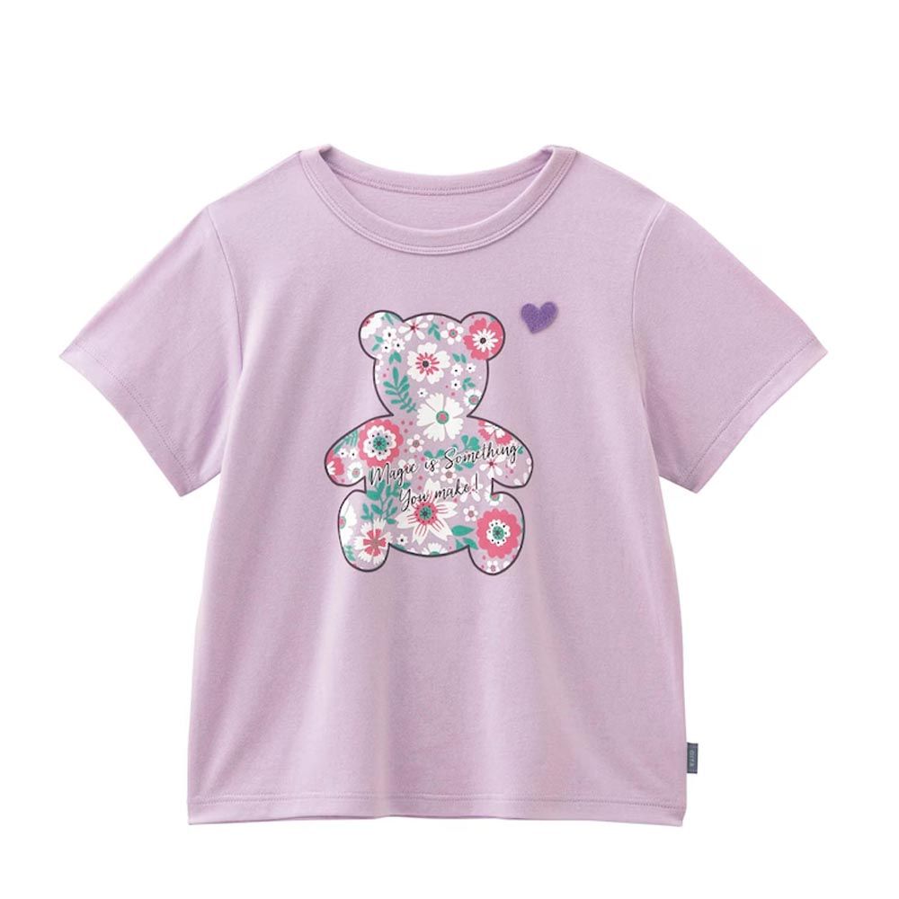 日本千趣會 - GITA 純棉印花短袖上衣-花朵熊熊-粉紫