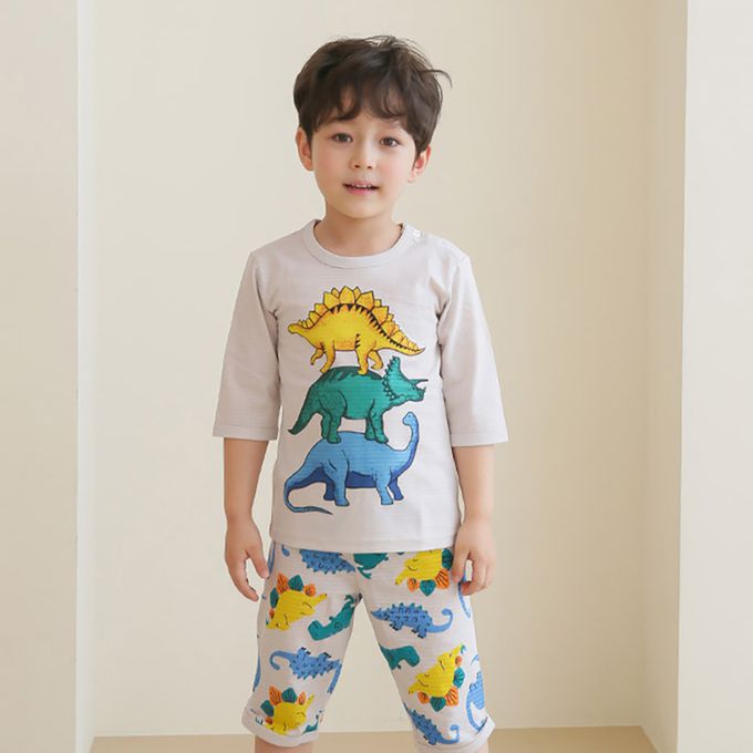 正韓 Puco - 超優質嬰幼兒/兒童七分袖100% 有機純棉家居服/睡衣-恐龍疊疊樂