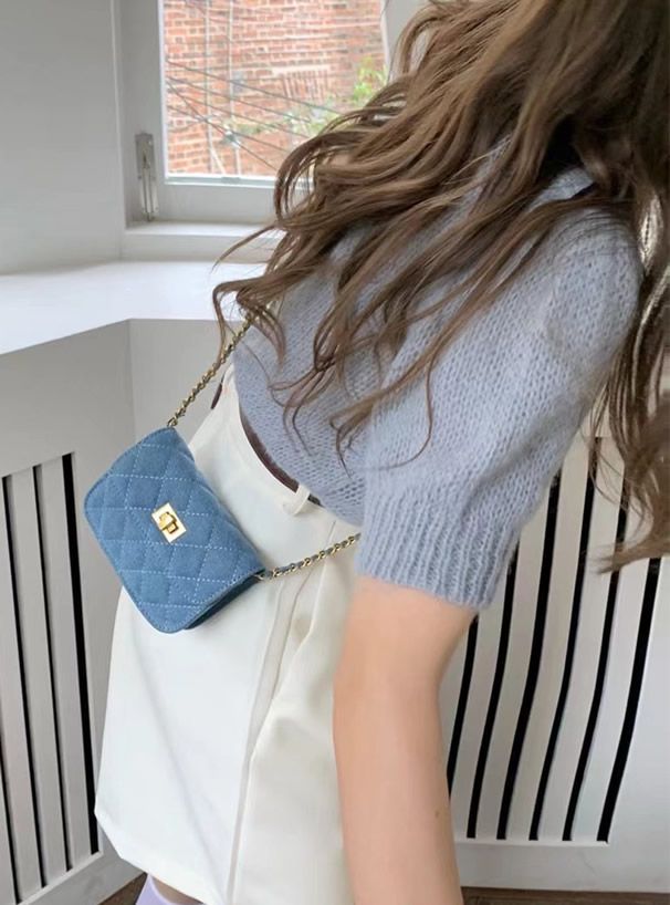 日本 GRL - 菱格紋金屬鏈側背小包-丹寧藍 (F)