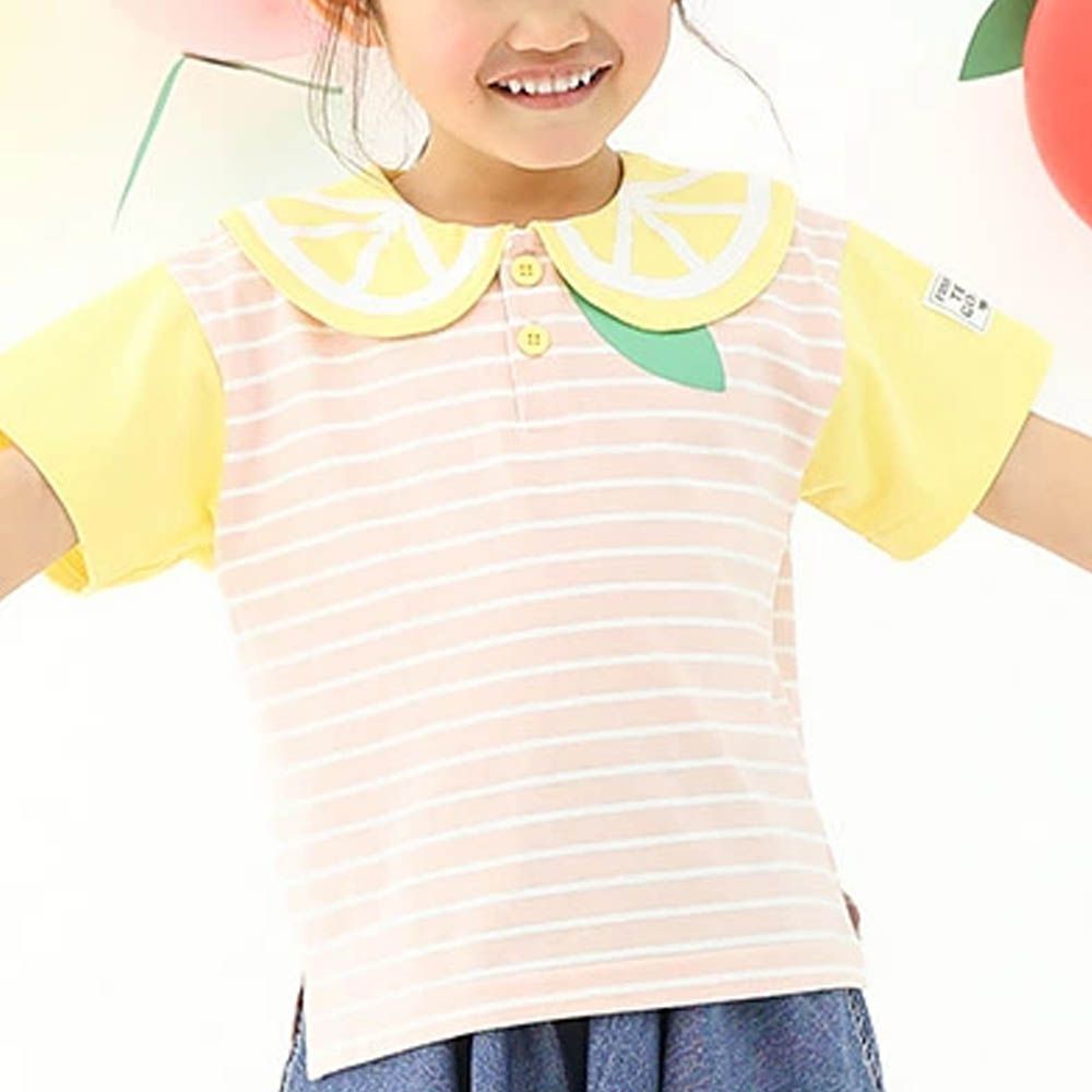 水果造型領天竺棉短袖上衣-檸檬條紋-粉紅x白