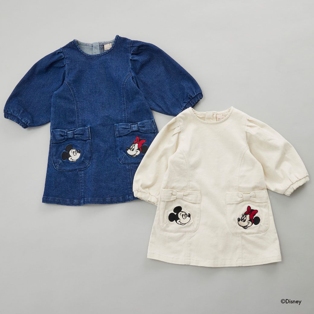 日本 petit main - 聯名款 俏麗蝴蝶結口袋長袖洋裝-丹寧藍