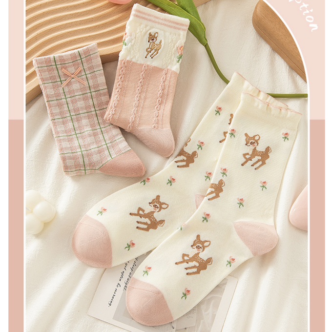 love, charlotte - 粉嫩色小鹿斑比中筒棉襪(均碼腳長22cm+) (FREE (腳長22cm+))-3 雙一組