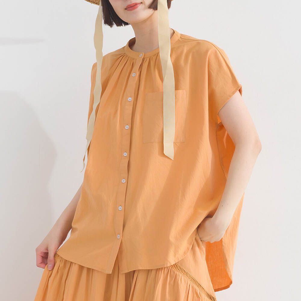 純棉素色襯衫式寬版上衣-橘