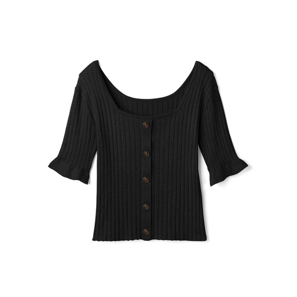 日本 GRL - 簡約排釦U型領羅紋五分袖上衣-時尚黑