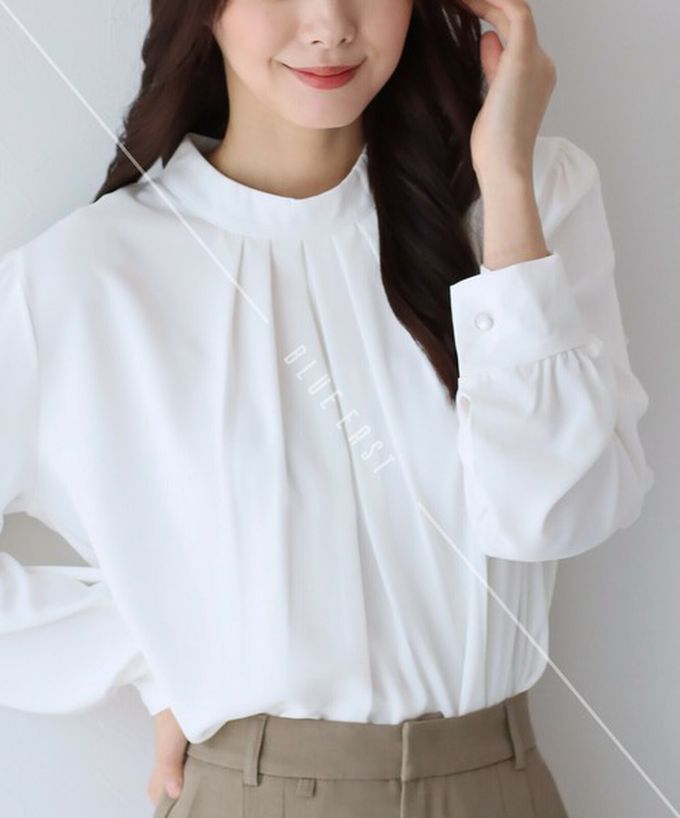 日本 BLUE EAST - 優雅摺線都會感小立領長袖上衣-白