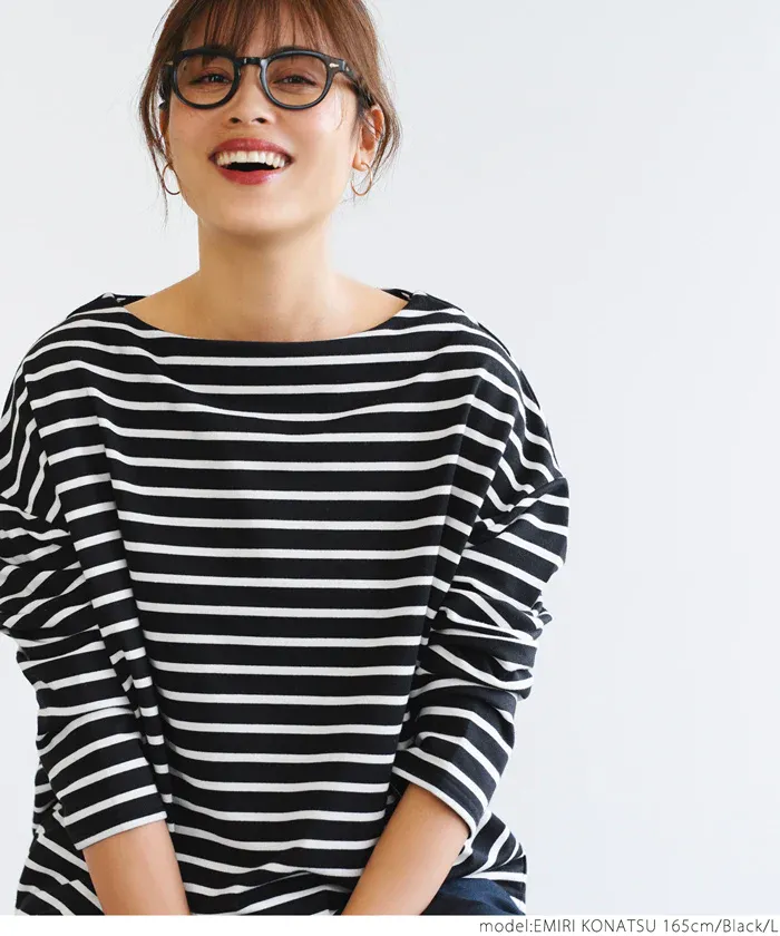 日本 COCA - [熱銷推薦] 百搭船領薄長袖上衣-條紋-灰x白