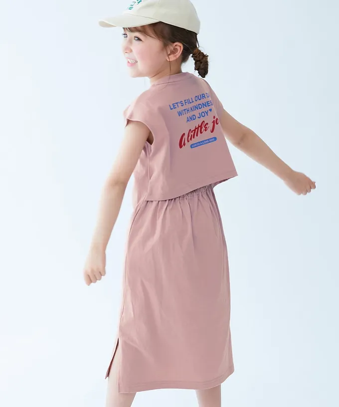 日本 devirock - 背後開口美式印花短袖洋裝-藕粉