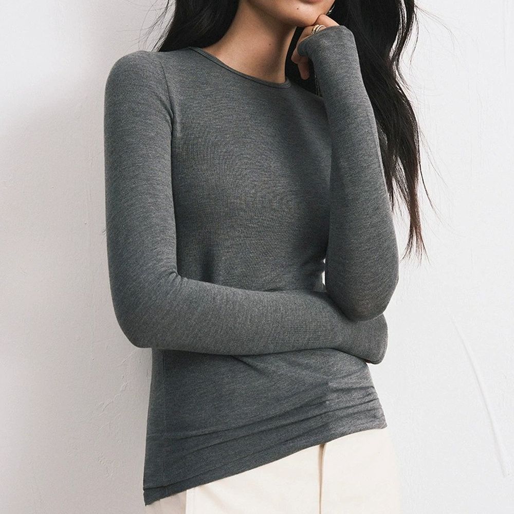 輕絨暖感3%羊毛天絲莫代爾修身長袖上衣-炭絨灰