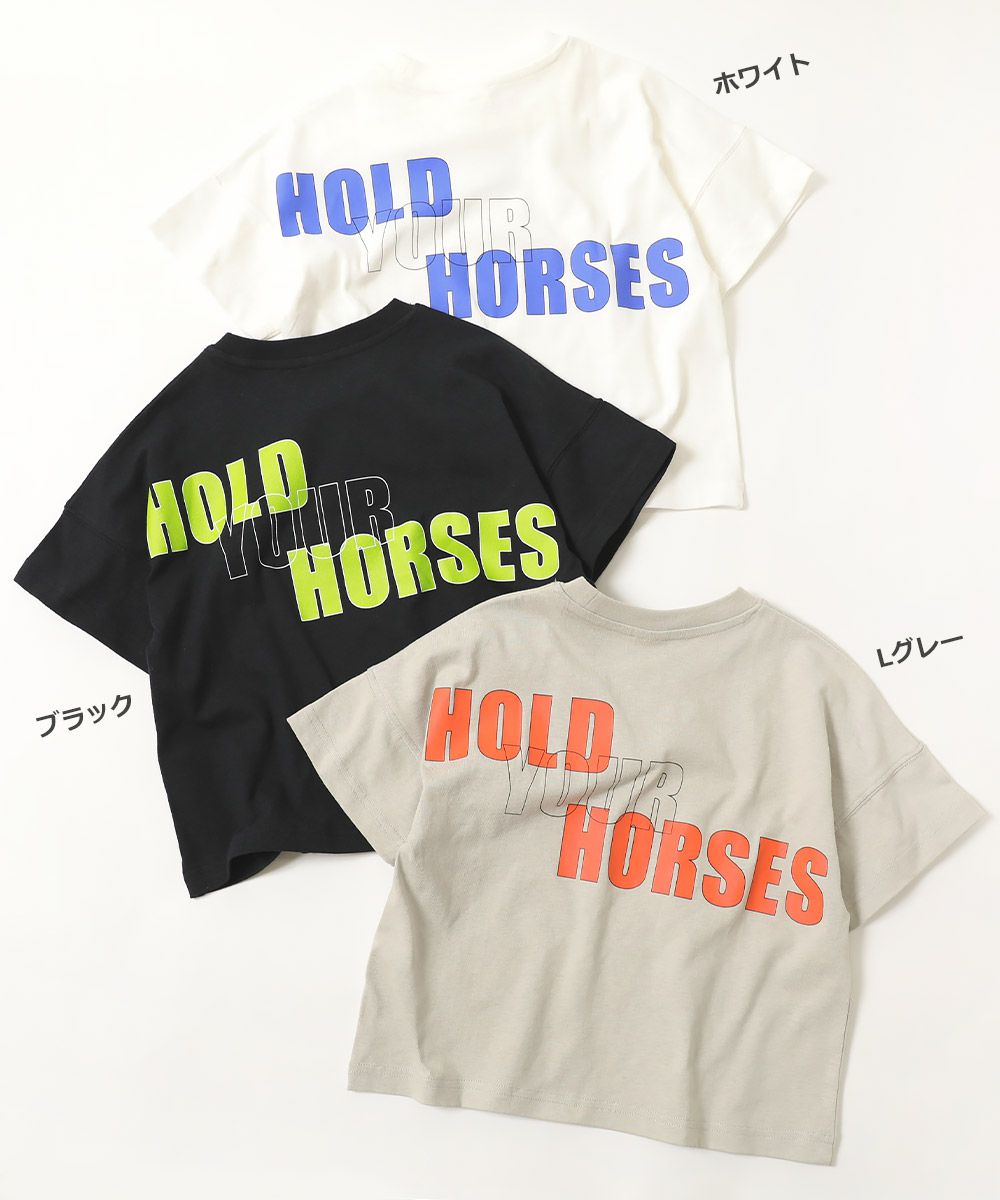 日本 devirock - 背後標語印花落肩短袖上衣-白底藍字