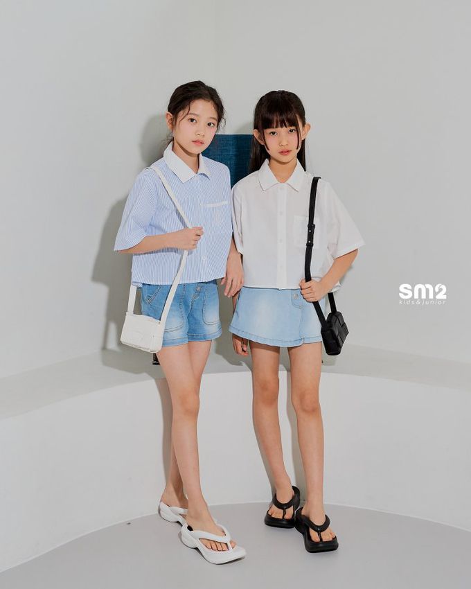 韓國 sm2 - 單口袋短版翻領襯衫-直紋-藍
