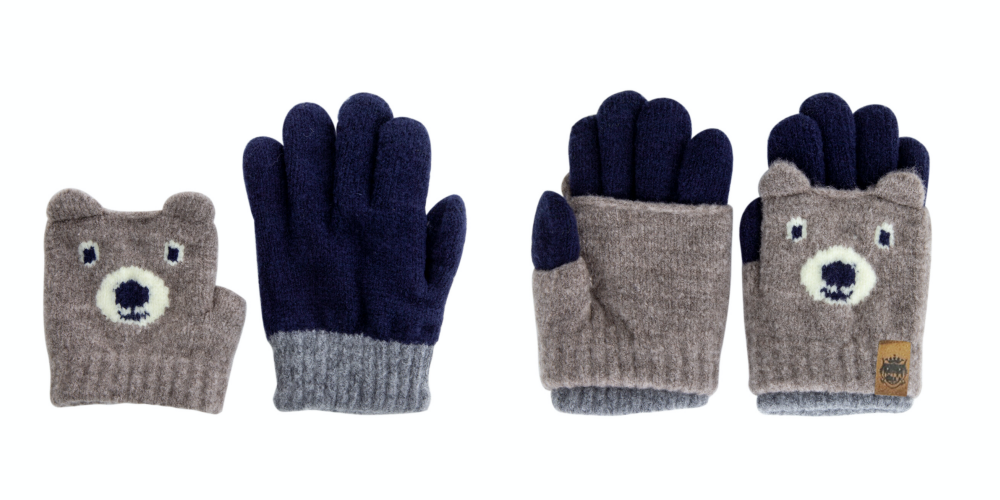 日本 BISQUE - 2way日本製質感動物造型小孩手套-小熊-灰深藍 (3-6y)