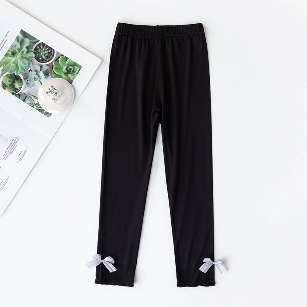 莫代爾透氣九分內搭褲-立體蝴蝶結-黑色