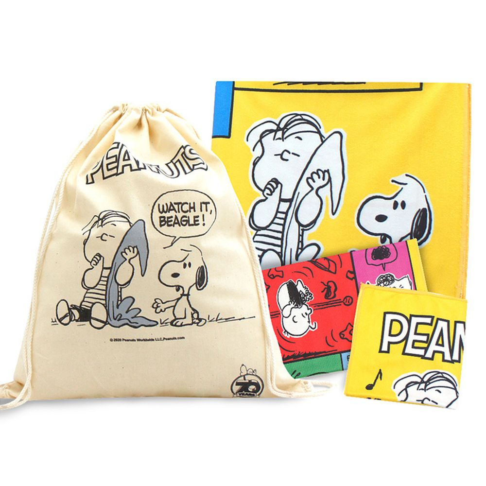 PEANUTS SNOOPY史努比 70週年限量版 方巾毛巾浴巾三件組(送 束口袋)-經典漫畫 (方巾33X33CM  毛巾33X74CM  浴巾70X140CM)