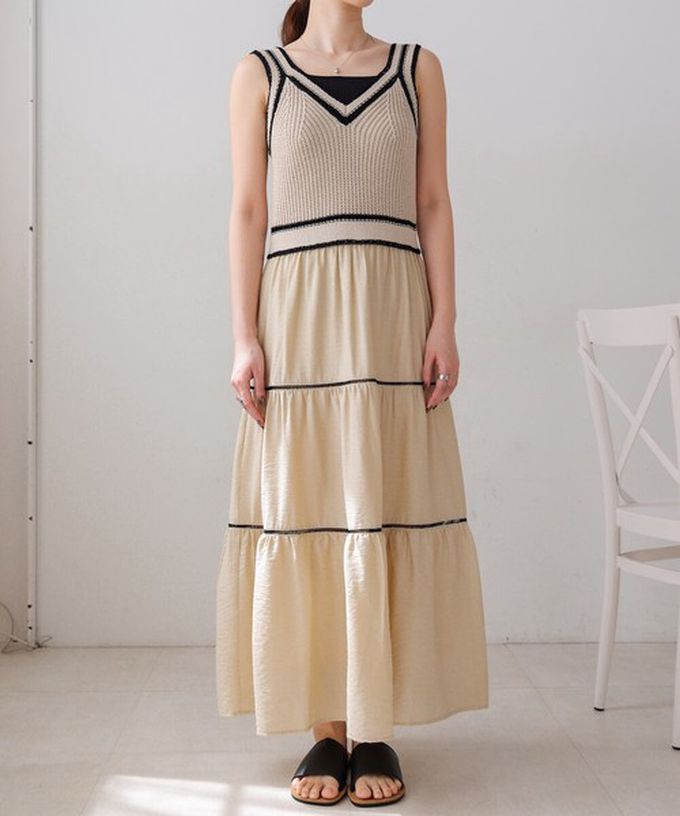 日本 Bab - 純棉針織拼接渡假風無袖洋裝-淺灰綠