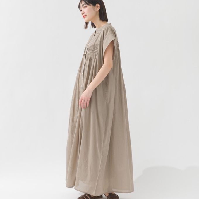 日本 OMNES - 100%印度棉 輕盈襯衫式短袖洋裝-卡其杏