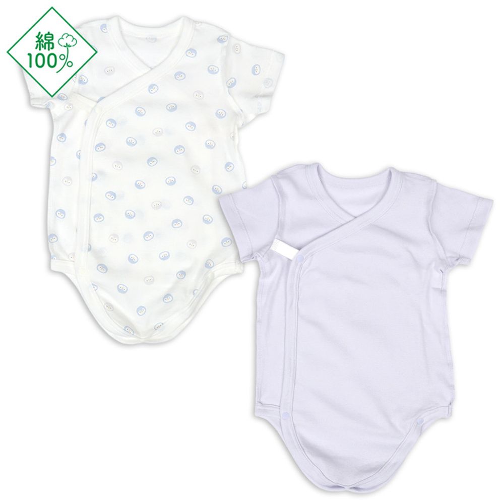 輕鬆方便短袖包屁衣2件組-前開式 企鵝-淺藍色