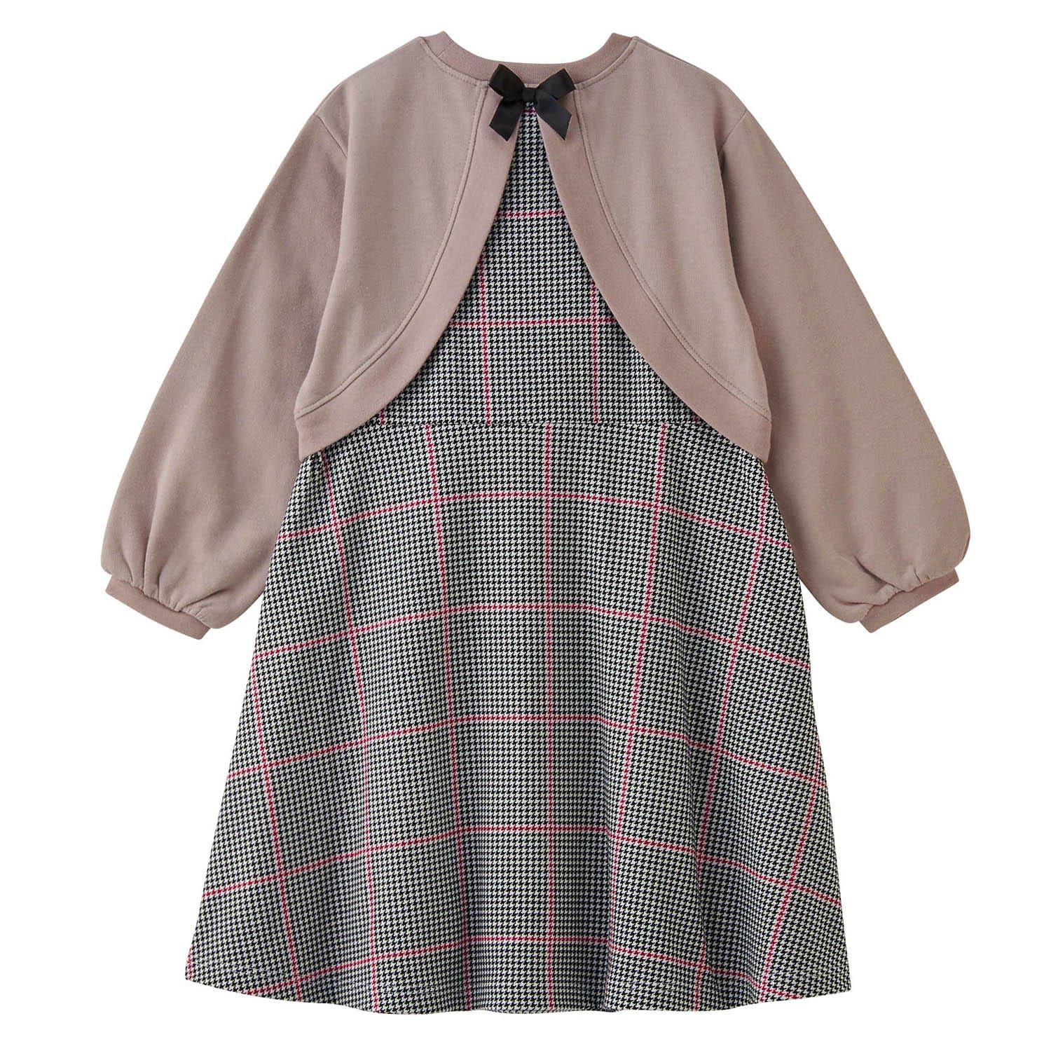 日本千趣會 - 背後蝴蝶結假二件拼接長袖洋裝-棕x灰格紋