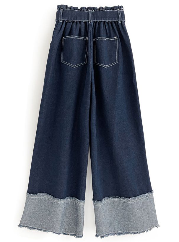 日本 GRL - 復古反折丹寧美腿寬褲-深藍