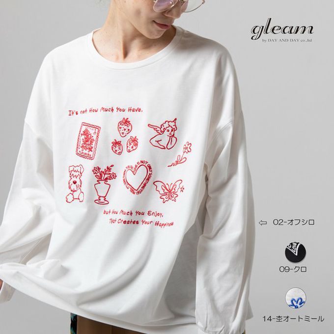 日本 gleam - 甜蜜刺繡印花休閒寬版長袖T恤-黑