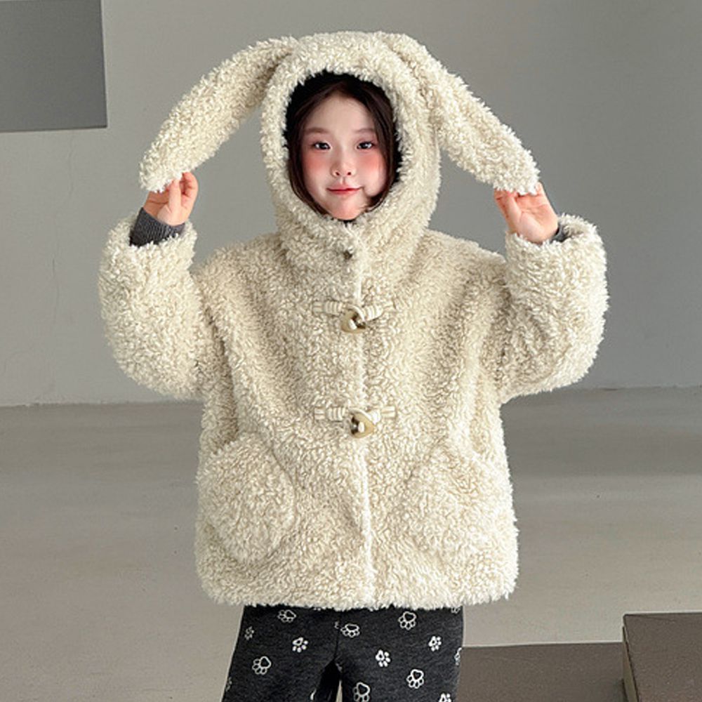 毛茸茸立體兔耳連帽外套-奶油白