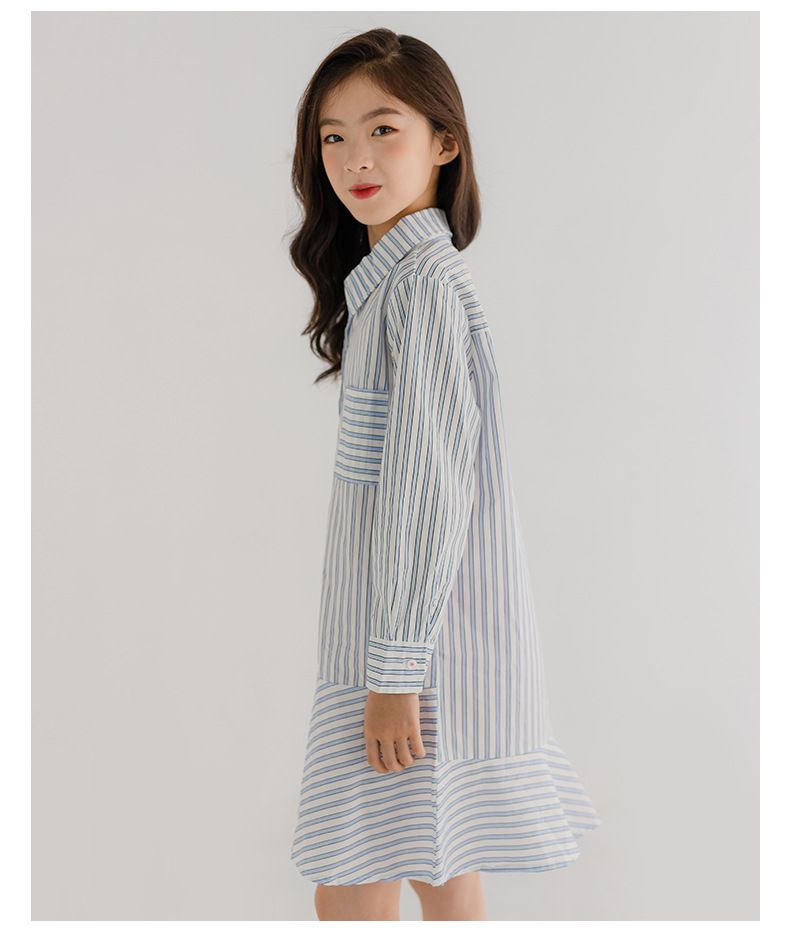 不對稱拼接直紋襯衫洋裝-藍直紋