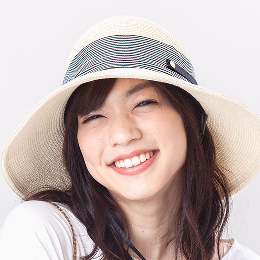 日本 irodori - 抗UV可捲收 大緞帶遮陽草帽(附防風帽帶)-米白x條紋緞帶