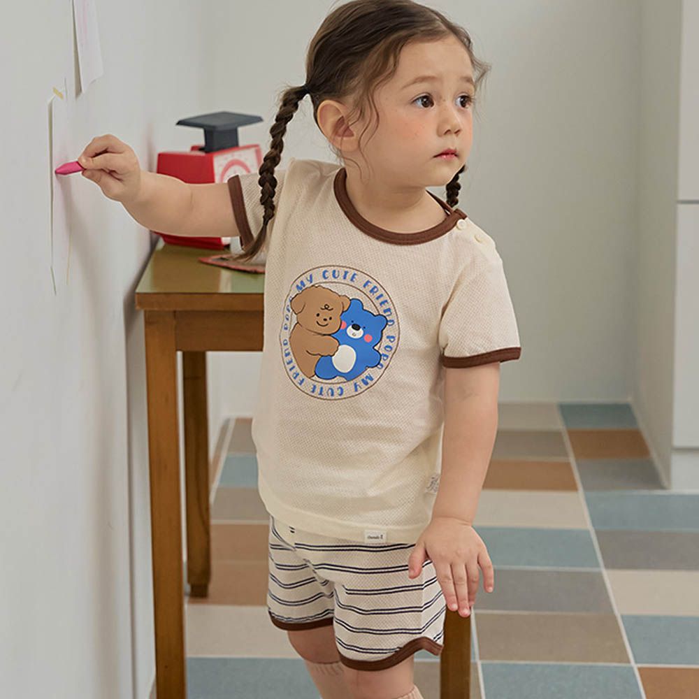 透氣網眼洞洞短袖家居服/睡衣-抱抱朋友-米黃