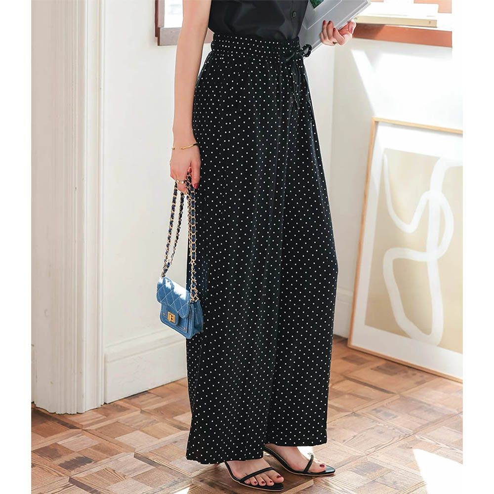 清爽棉麻鬆緊休閒寬褲-水玉-黑 (F)