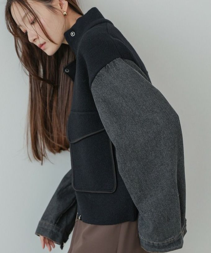 日本 Bab - 俐落簡潔丹寧袖拼接夾克/外套-棕系