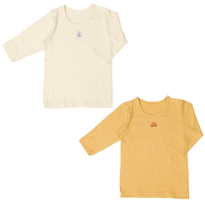 akachan honpo - 長袖圓領上衣2件組-蓬鬆棉 大象&公車-黃色