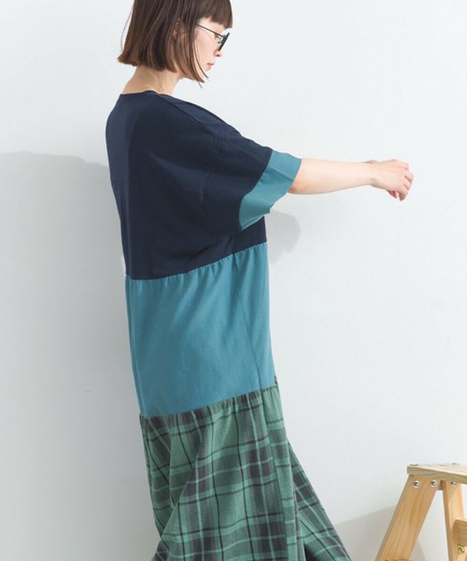 日本 Lupilien - 復古學院風 撞色格子拼接短袖洋裝-藍綠