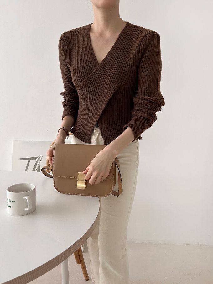 韓國女裝連線 - X交叉設計彈性坑條針織上衣-粉 (FREE)