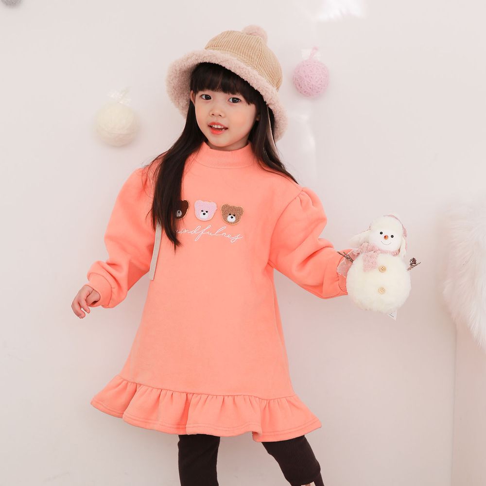 韓國 Dalla - (裏起毛)三隻立體小熊荷葉裙襬洋裝-粉橘
