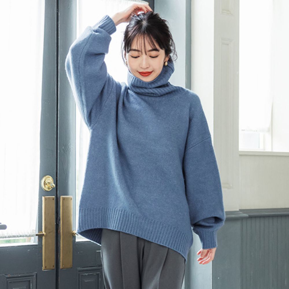 日本 COCA - 柔軟寬鬆高領針織毛衣-藍