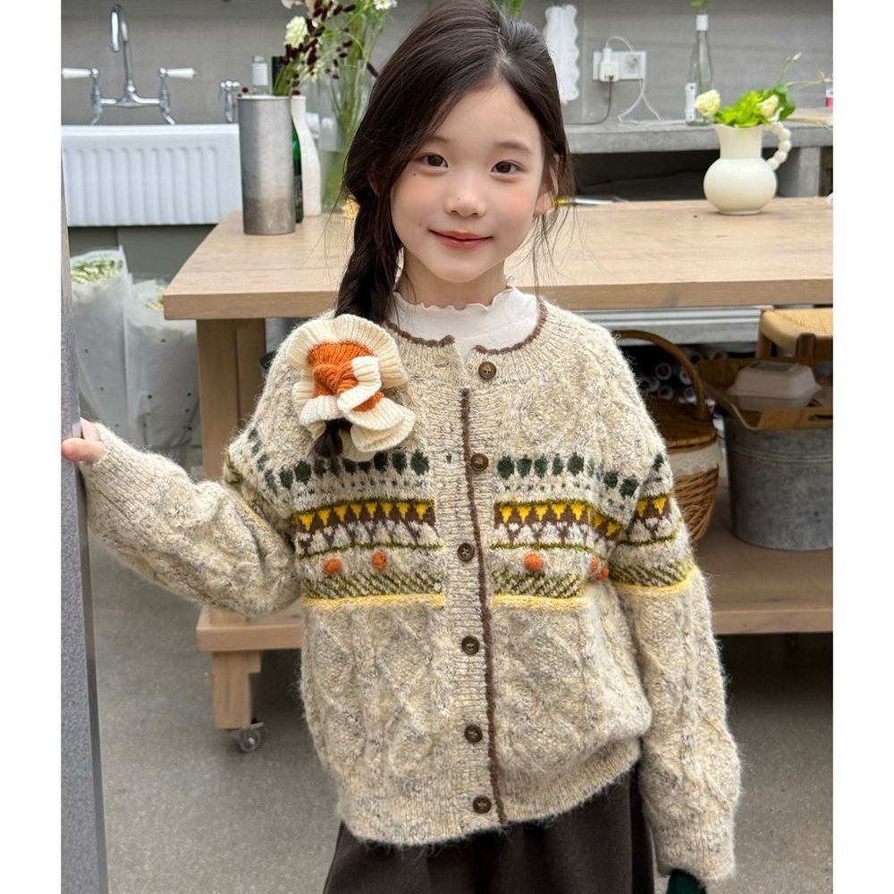 季節感復古印花針織開襟衫/外套-米杏