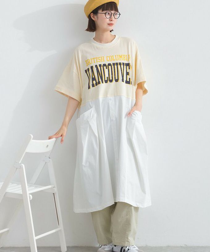 日本 Lupilien - 異素材撞色學院風俐落短袖洋裝-米白