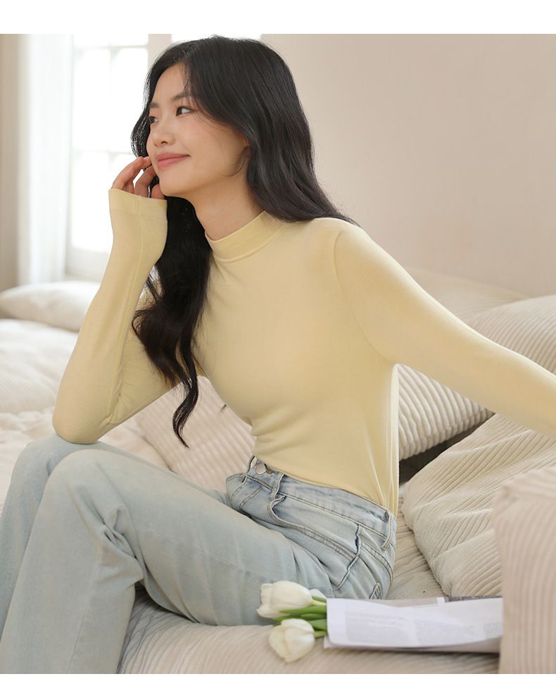 2%羊毛絨高領長袖上衣-高領-棕色