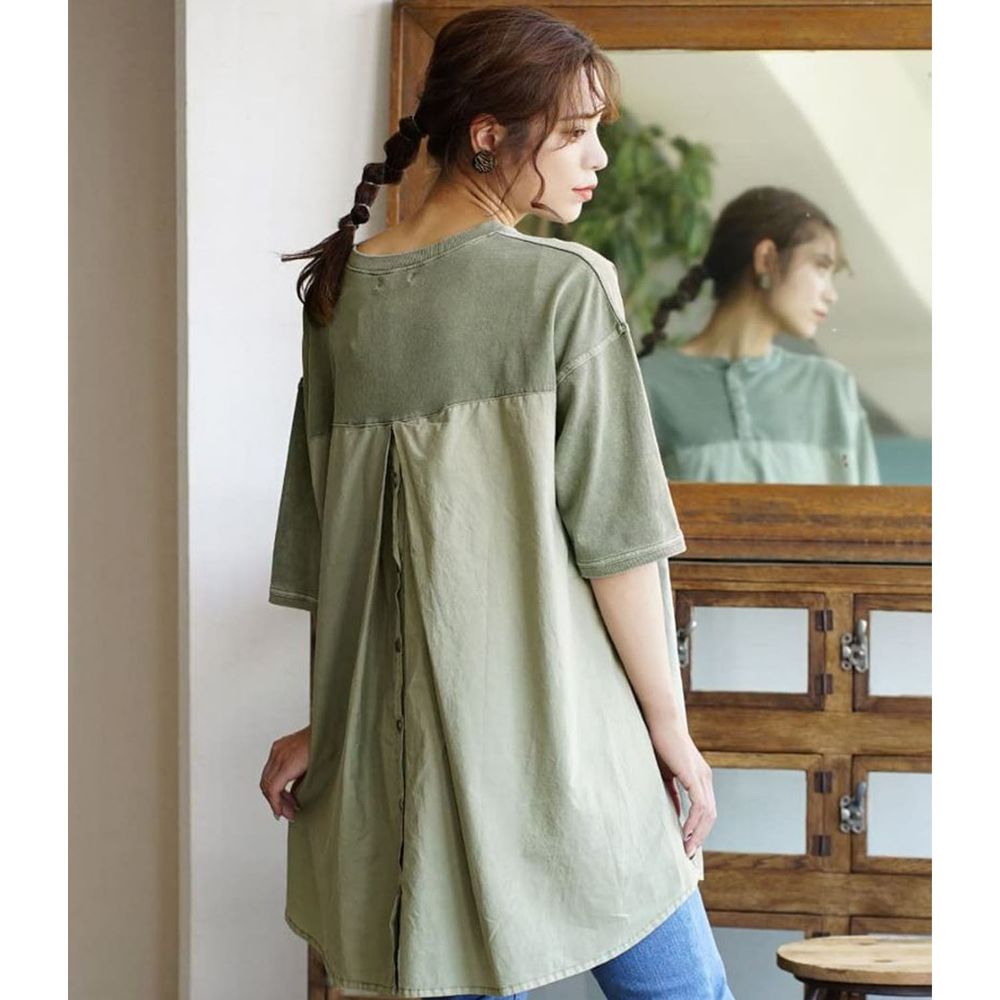 日本 zootie - 純棉異材質排釦後打褶設計寬鬆薄五分袖上衣-墨綠