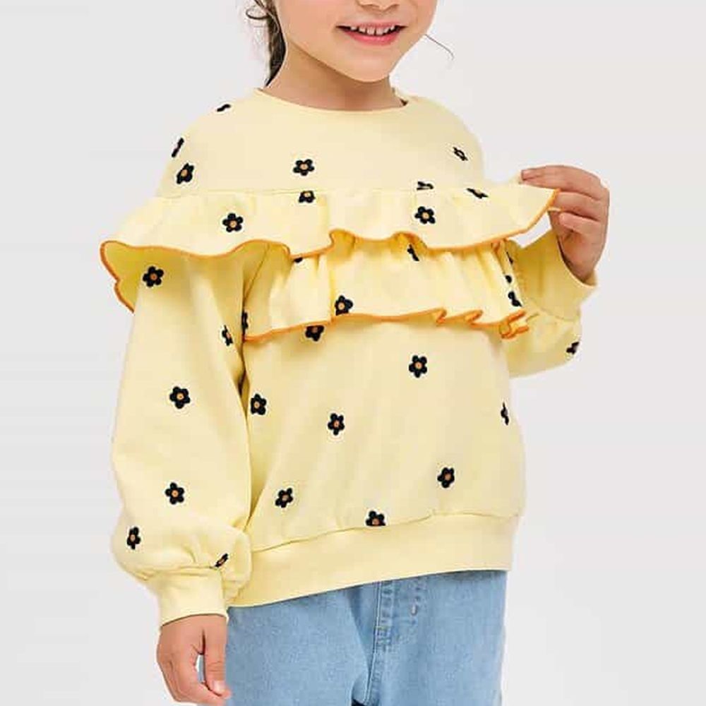 甜美摺邊滿版花朵裏毛長袖上衣-奶油黃