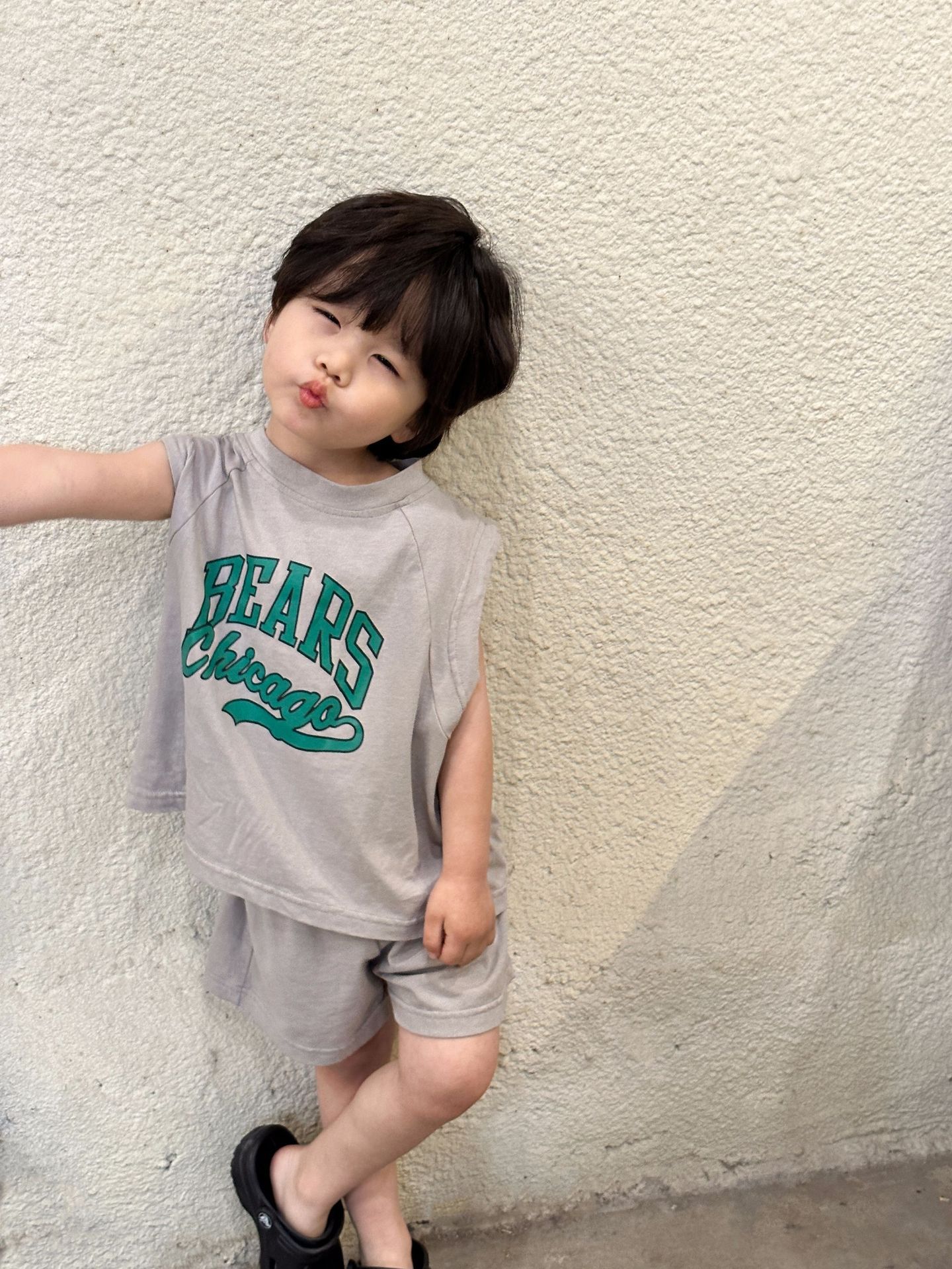 純棉圓領休閒無袖套裝-草寫英文字-灰色