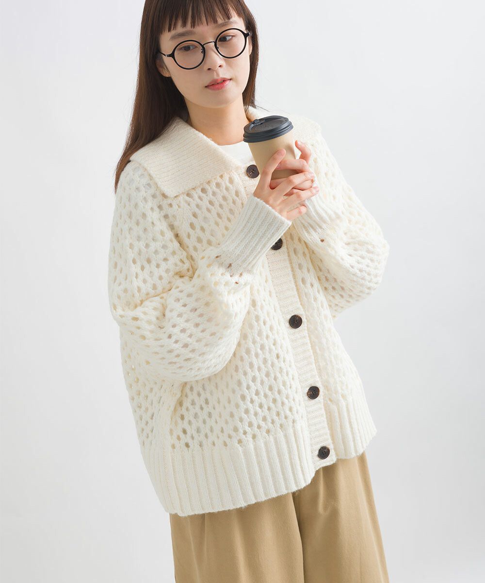 日本女裝代購 - 馬海毛觸感翻領粗針織外套-白